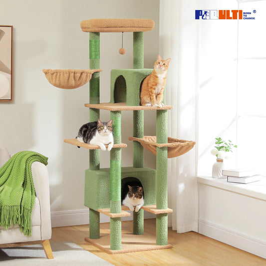 Large Cat Tree for Indoor Cats Adult, Cat Tower with Sisal-Covered Scratching Post, Super Large Metal Hammock and 2 Big Condos