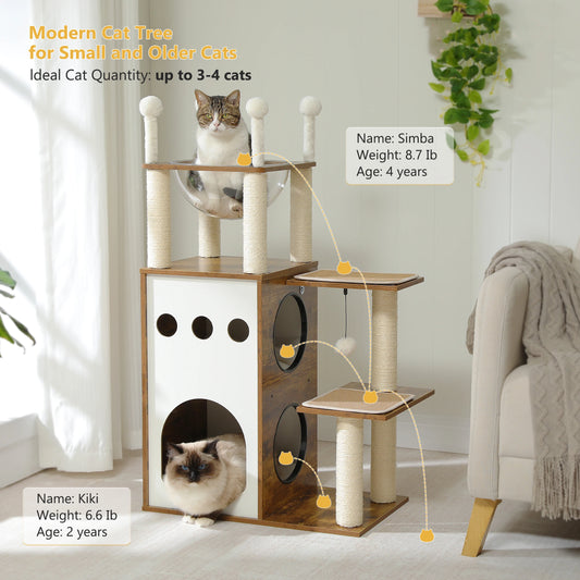 Modern Cat Tree, Wooden Cat Tower with Scratching Posts, Large Condo, Capsule Nest, and Dangling Balls, Cat Furniture for Indoor